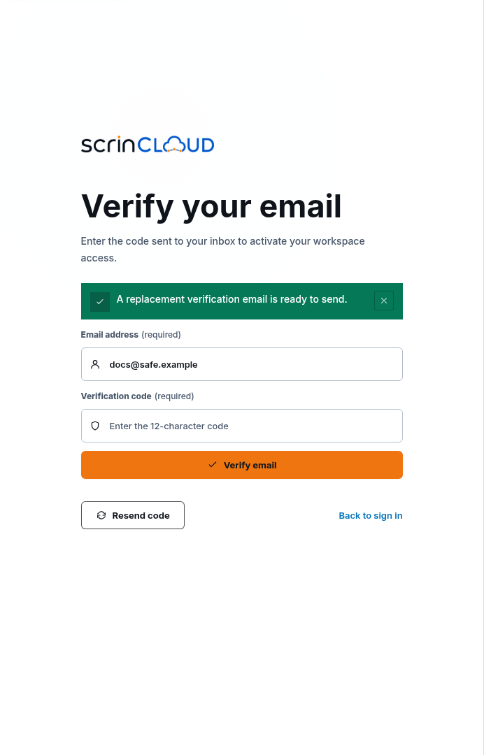 Synthetic ScrinCloud email-verification form showing a replacement-email success notification