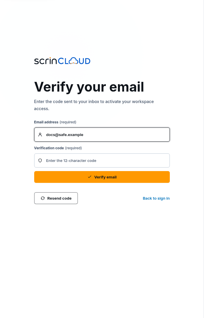 Synthetic ScrinCloud email-verification form with an empty verification-code field and resend action
