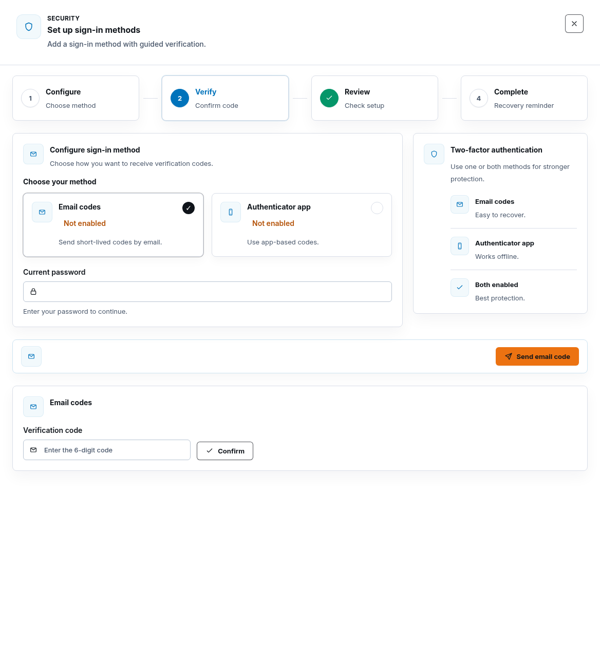 Synthetic ScrinCloud email-code setup drawer with empty password and verification-code fields