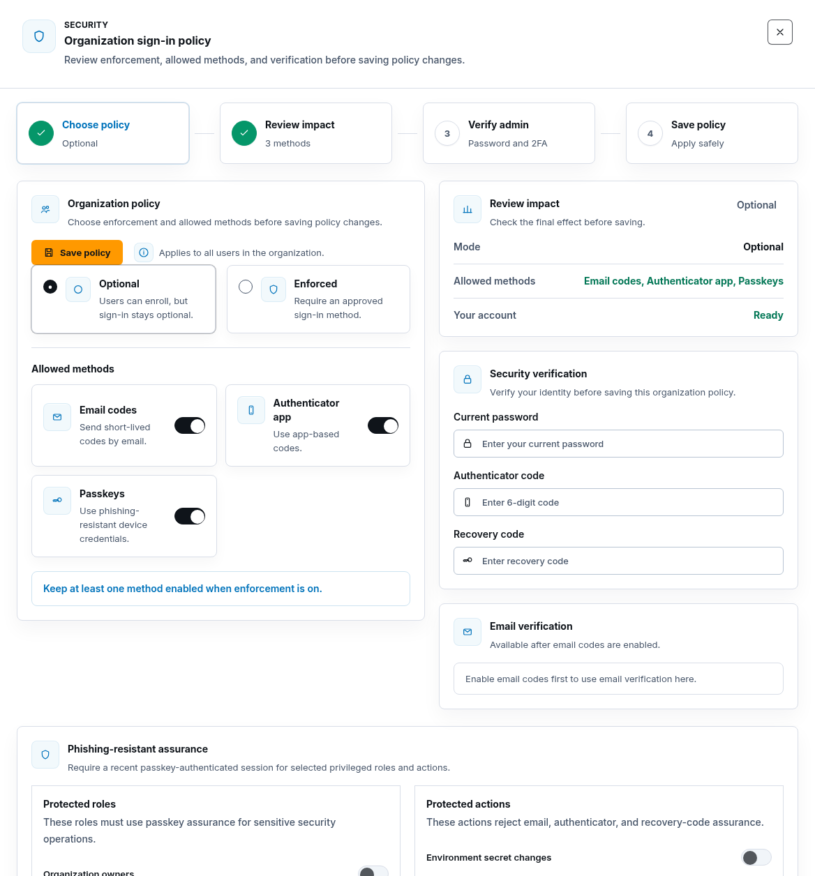 Synthetic ScrinCloud organization sign-in policy drawer with optional and enforced controls, verification fields, and phishing-resistant assurance