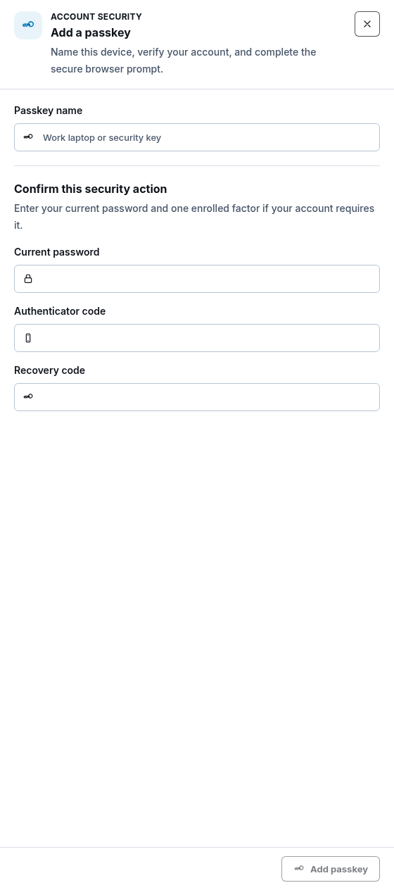 Synthetic ScrinCloud Add a passkey drawer with empty verification fields before any browser credential prompt