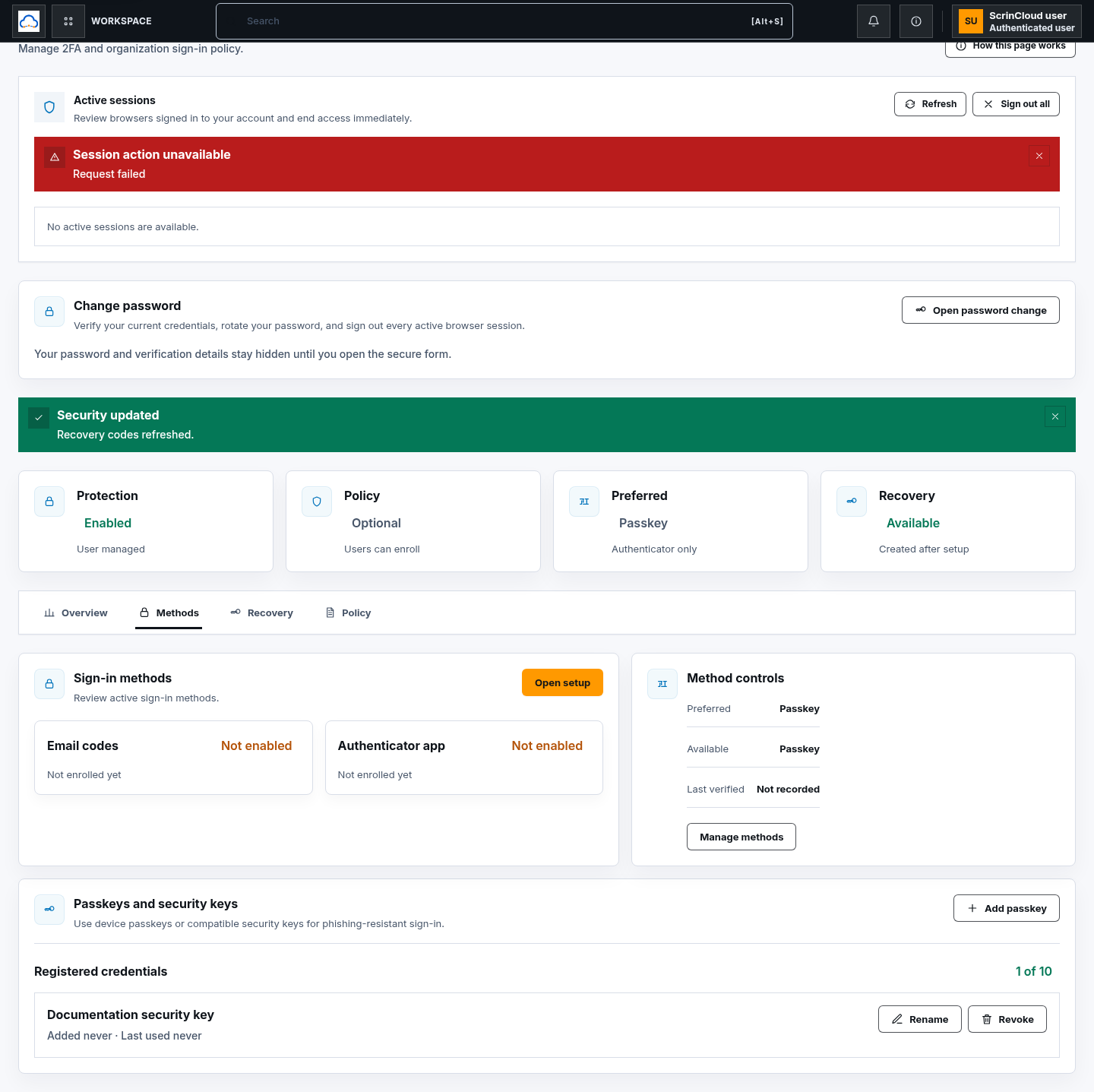 Synthetic ScrinCloud passkey management view with one documentation security key and lifecycle actions