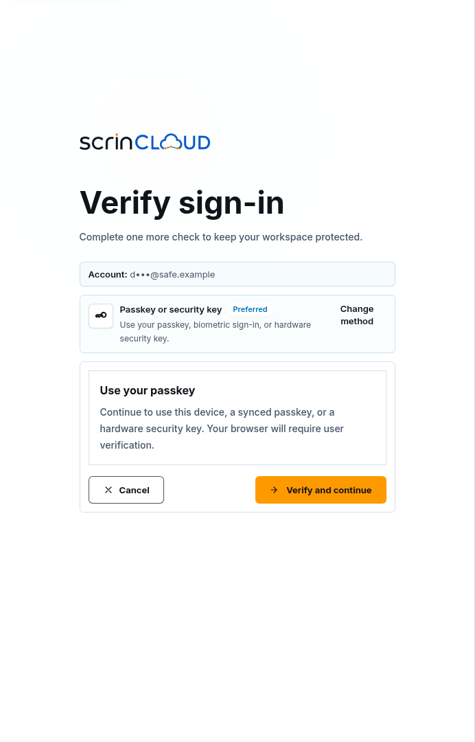 Synthetic ScrinCloud passkey verification panel before the browser credential prompt
