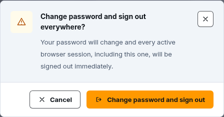 ScrinCloud confirmation dialog explaining that a password change signs out every active browser session