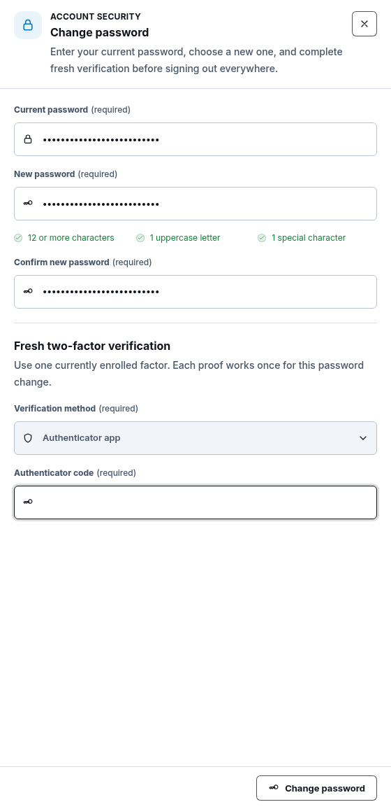 Synthetic ScrinCloud Change password drawer with masked password fields, password requirements, and authenticator verification
