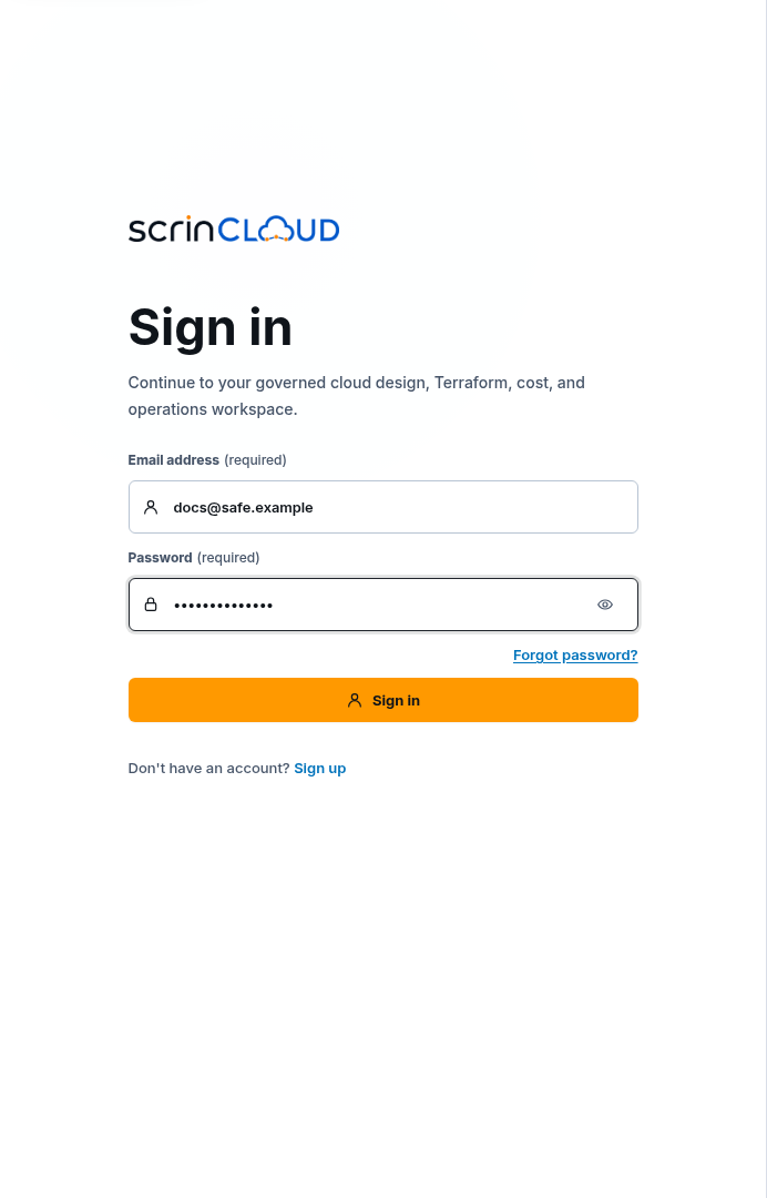 Synthetic ScrinCloud sign-in form with a masked password and safe example email