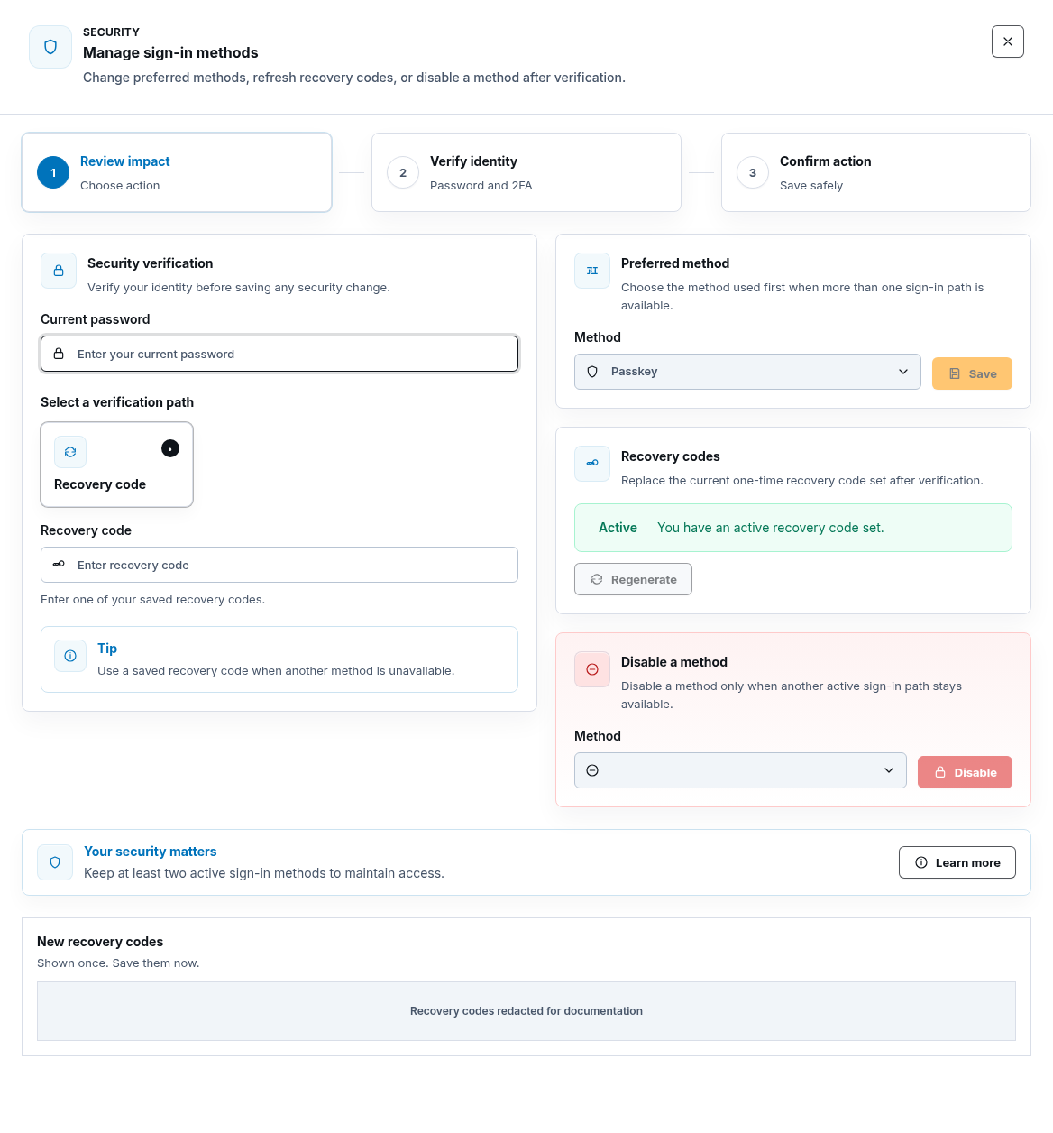 Synthetic ScrinCloud sign-in method management drawer with recovery-code controls and a documentation-redacted new recovery-code panel