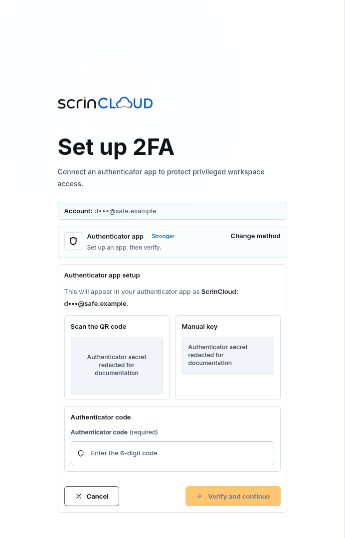 Synthetic ScrinCloud Set up 2FA screen with authenticator setup sections and documentation-redacted secret areas