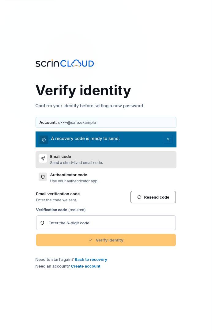 Synthetic ScrinCloud identity-verification screen with masked account, Email code, and Authenticator code options