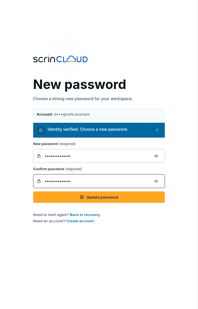 Synthetic ScrinCloud new-password form with both password fields masked and Update password enabled