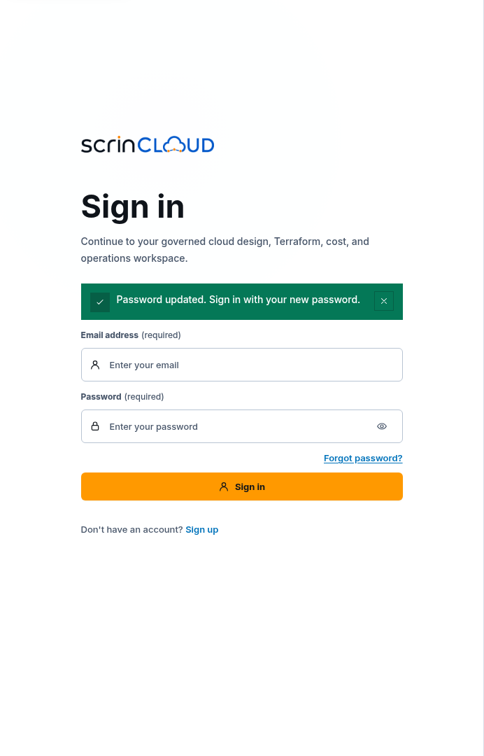 ScrinCloud sign-in form with Password updated success notification and empty credentials
