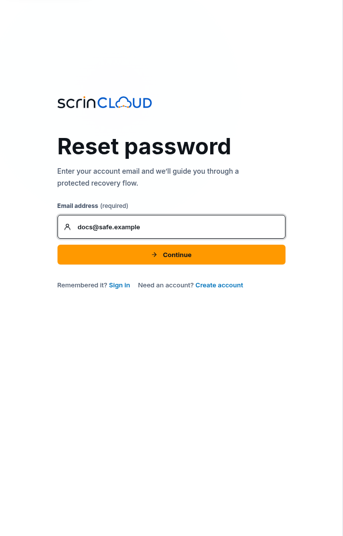 Synthetic ScrinCloud reset-password form with email, Continue, Sign in, and Create account actions