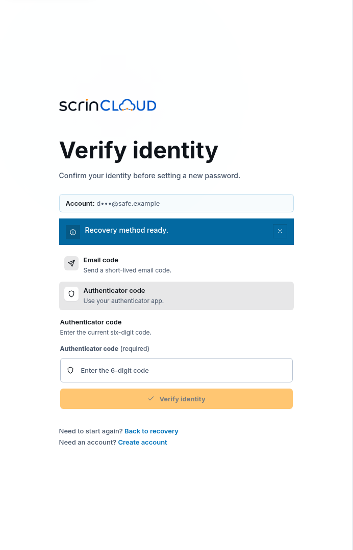 Synthetic ScrinCloud identity-verification screen with Authenticator code selected and an empty code field