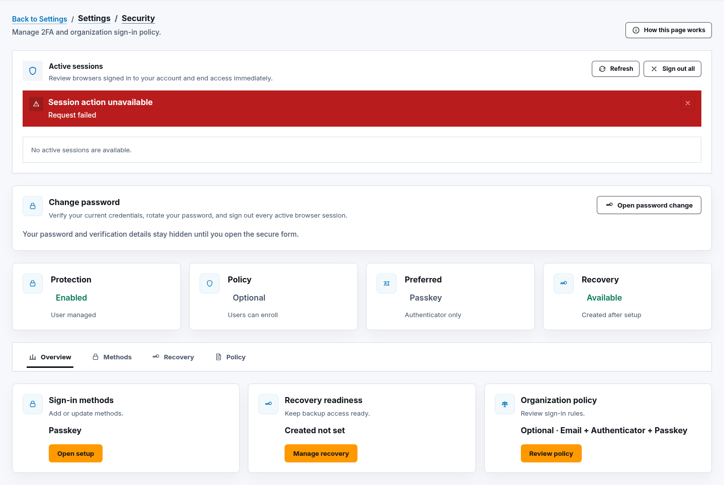 Synthetic ScrinCloud Security overview with protection, recovery, policy, and sign-in method controls
