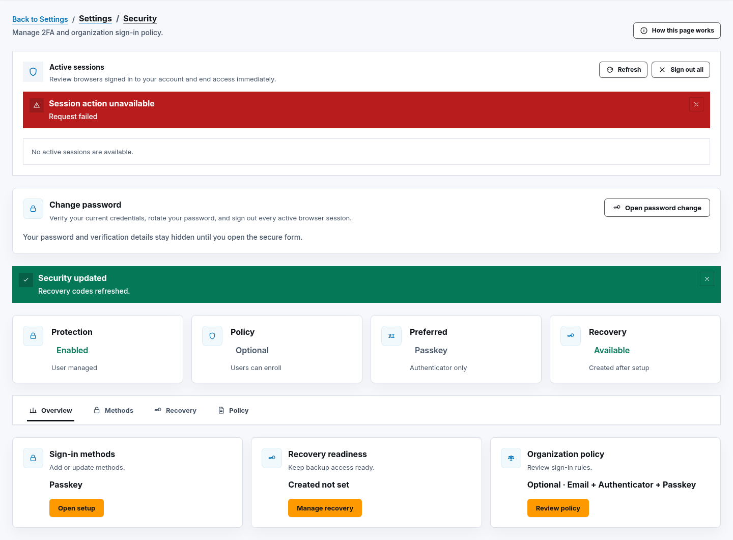 Synthetic ScrinCloud Security overview confirming enabled protection, passkey preference, recovery readiness, and policy