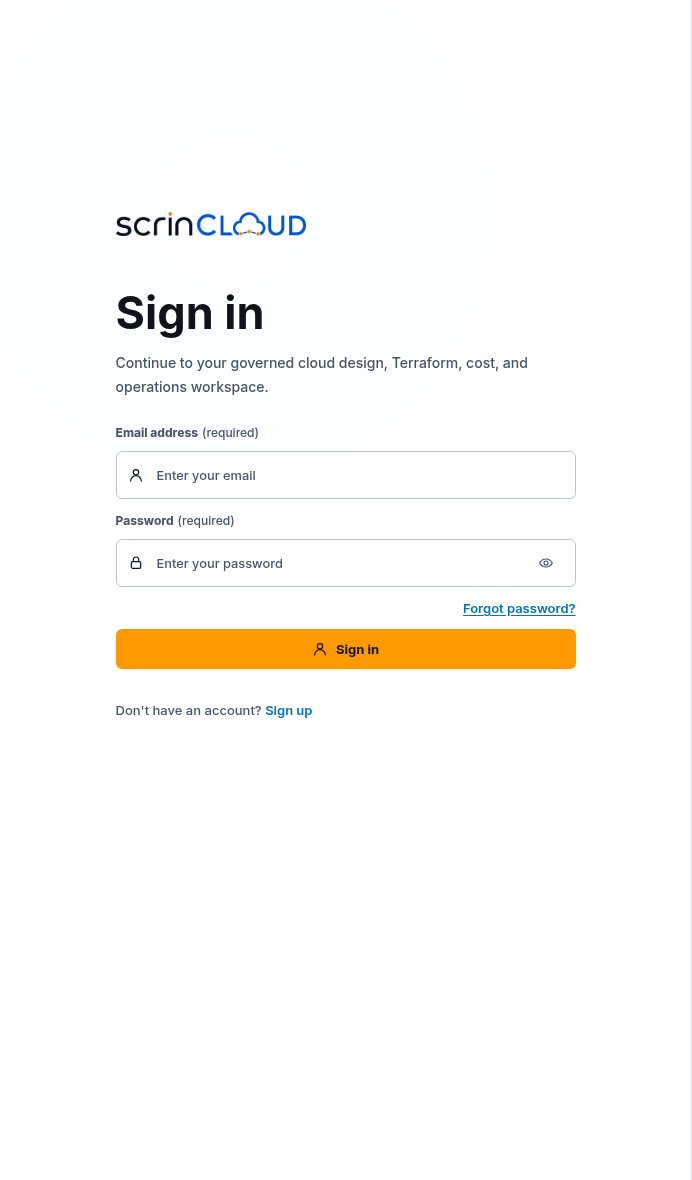 Generic ScrinCloud Sign in page after sign-out with no account or session data