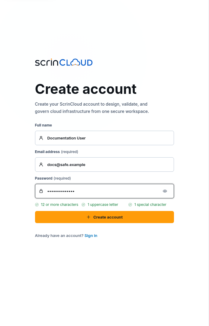 Synthetic ScrinCloud create-account form with a masked password, completed password requirements, and Create account action
