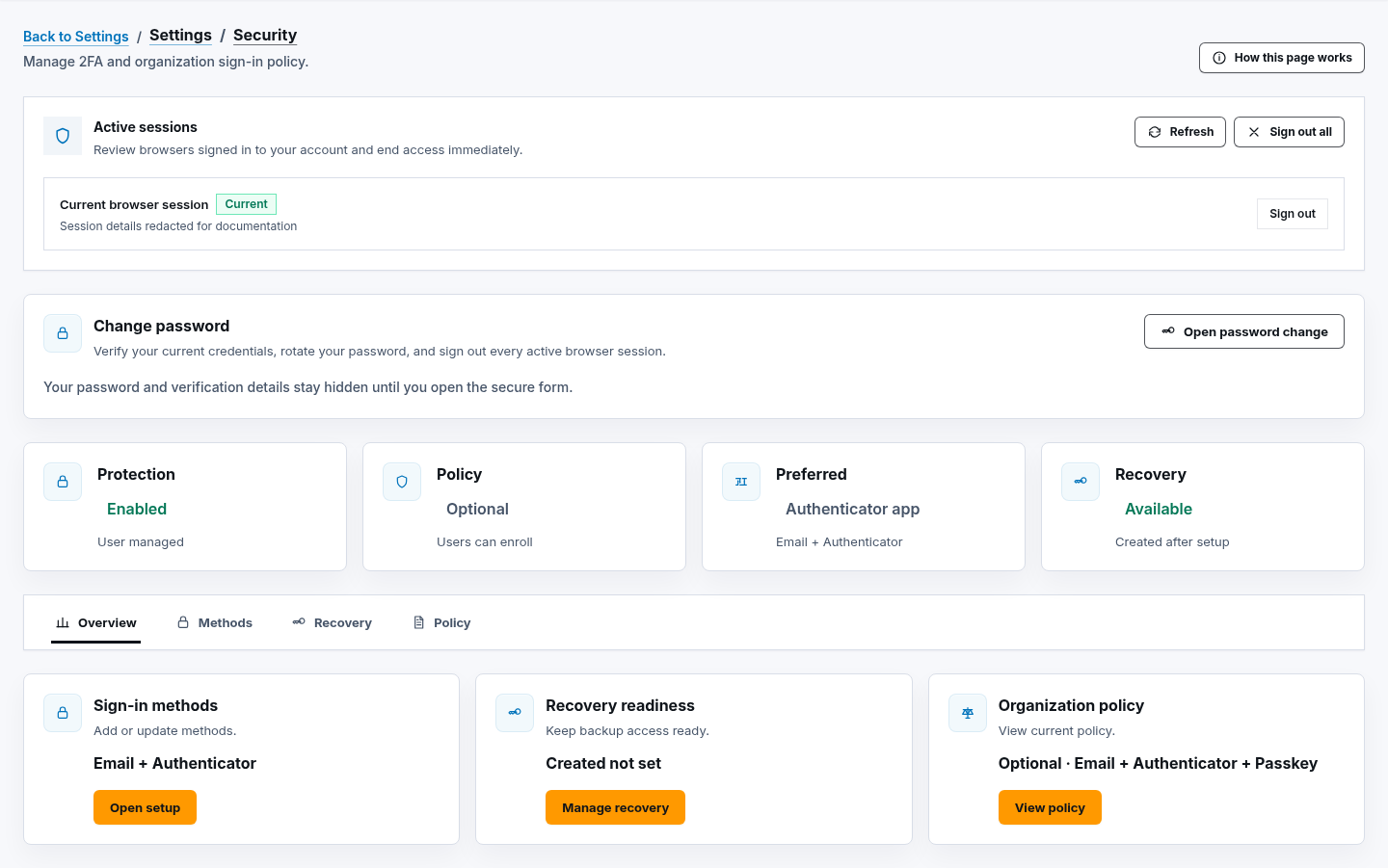 Synthetic ScrinCloud Security settings showing active sessions, password change, protection, recovery, and sign-in controls