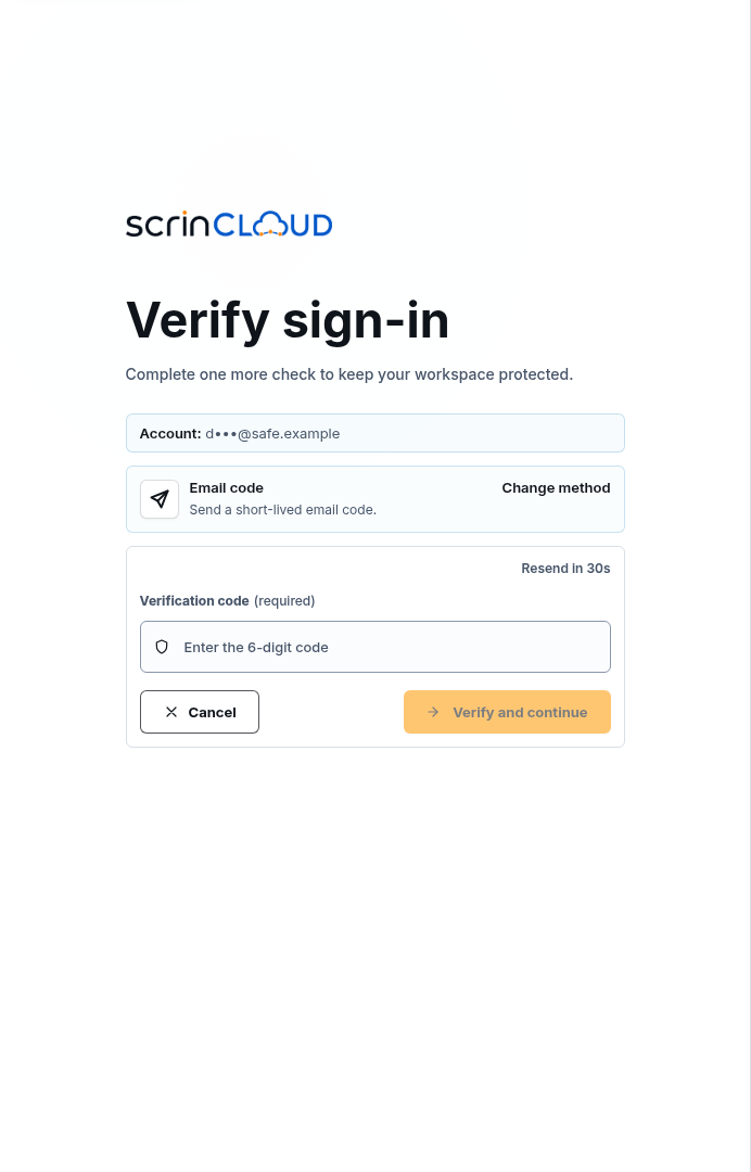 Synthetic ScrinCloud email-code verification panel with an empty code field, resend countdown, Change method, and Verify and continue