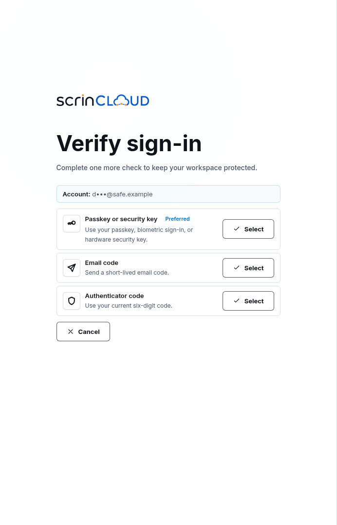 Synthetic ScrinCloud Verify sign-in page with masked account, three available methods, preferred passkey badge, and Select actions