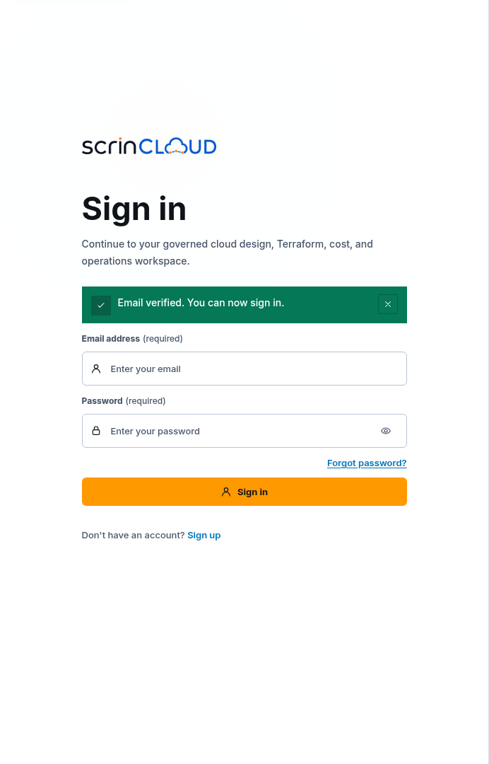 ScrinCloud sign-in form with an Email verified success notification and empty credentials