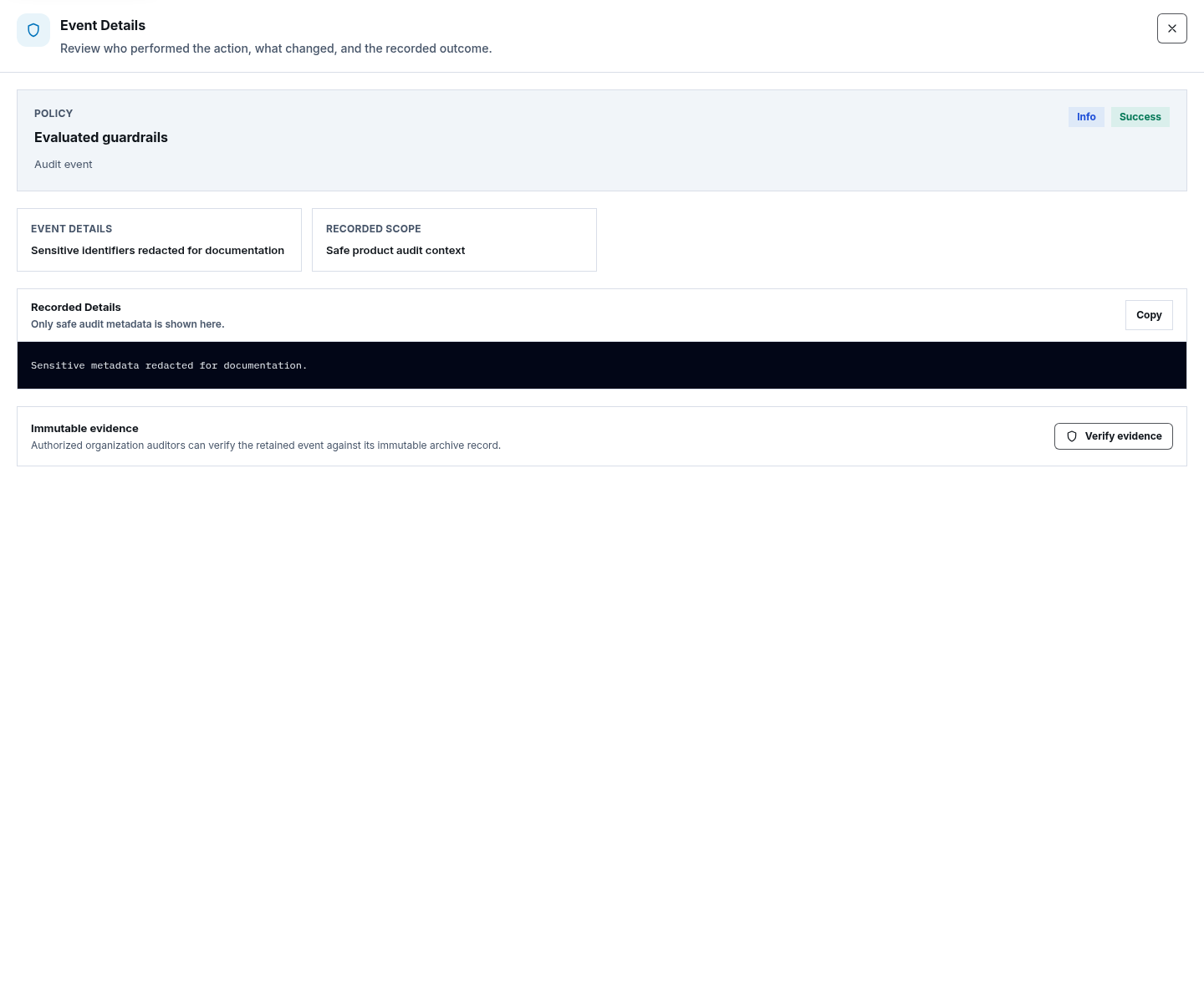 Synthetic Audit Logs event details drawer with sensitive identifiers redacted and the immutable evidence action