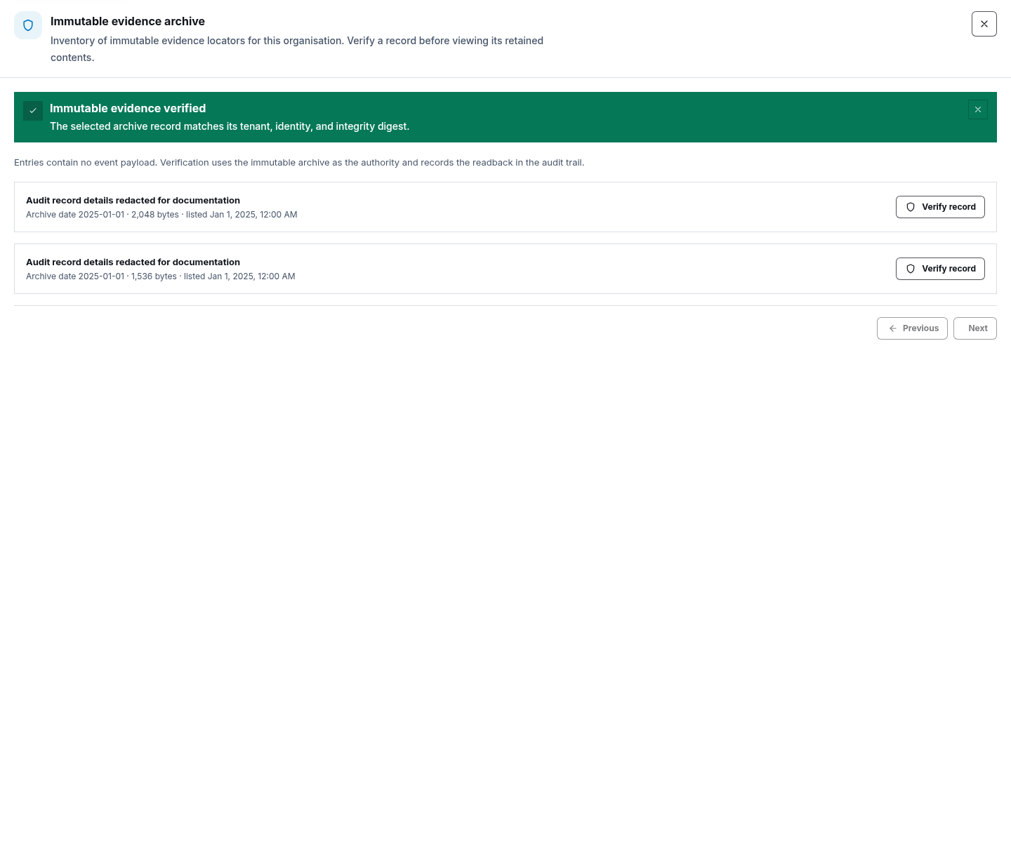 Synthetic immutable evidence archive drawer with redacted record details, pagination, and a successful verification message