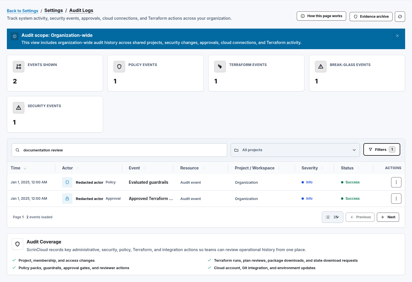 Synthetic bounded Audit Logs table with summary event rows, page-size selector, and previous and next controls