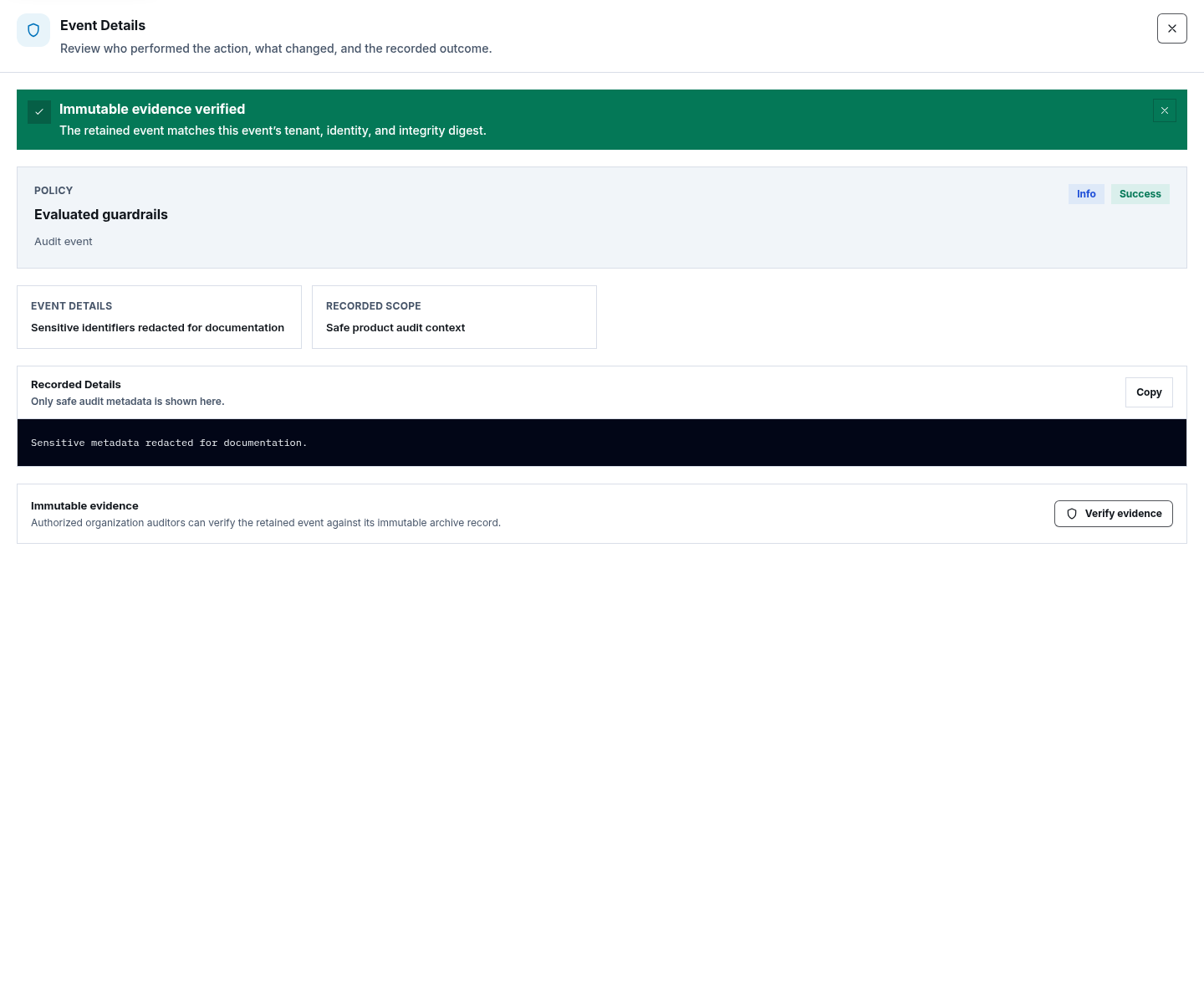 Synthetic Audit Logs event details drawer showing a successful immutable evidence verification message