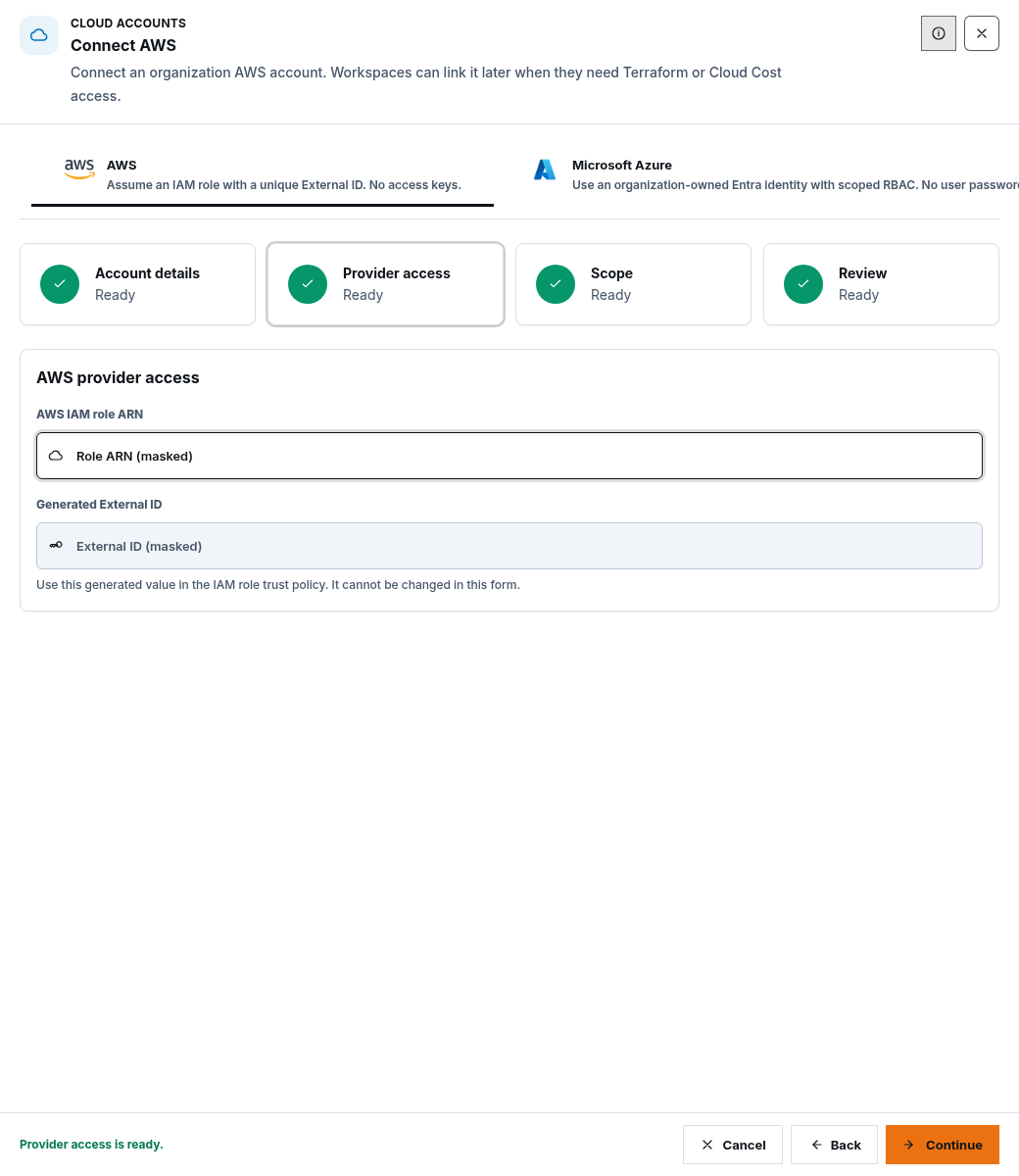 Synthetic AWS provider access step with a masked role ARN and masked generated external ID