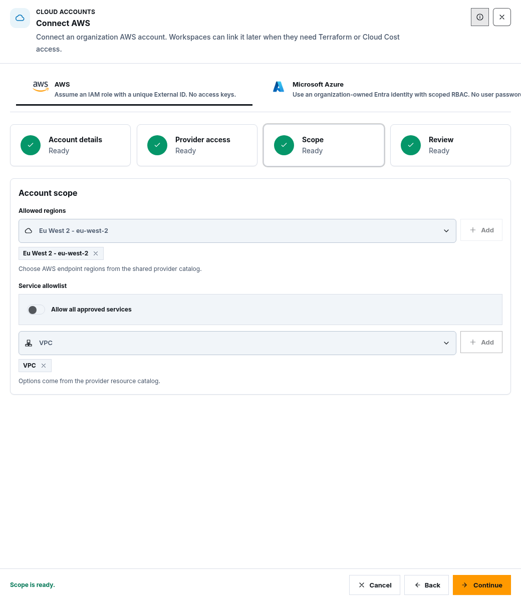 Synthetic AWS account scope step with one approved region and a focused service allowlist