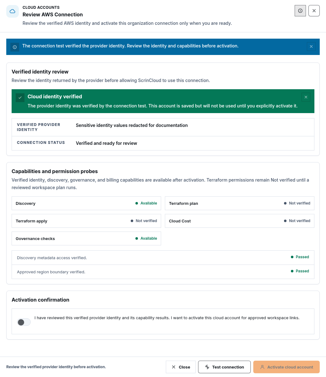 Synthetic verified AWS connection review with redacted identity values, safe capability probes, and activation acknowledgement