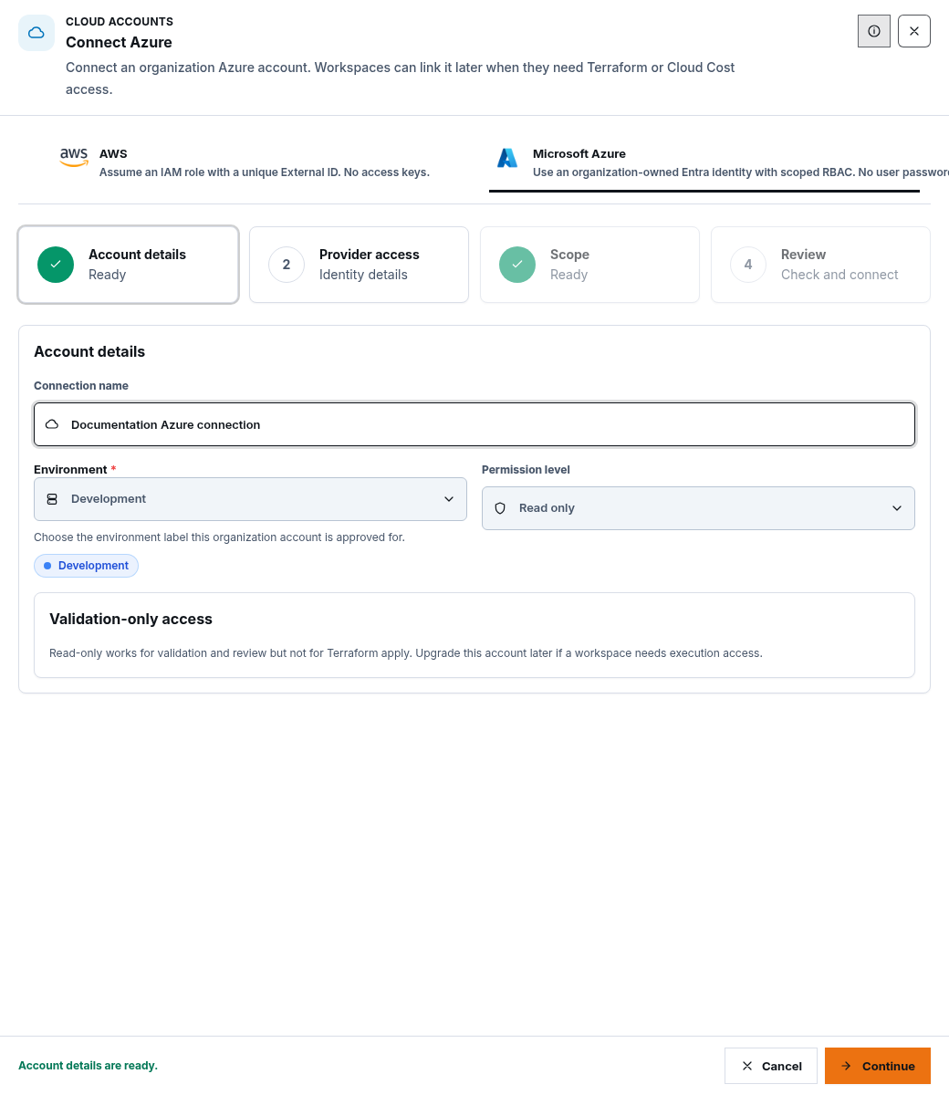 Synthetic ScrinCloud Azure connection drawer showing a documentation-only account name, approved environment, and read-only permission level