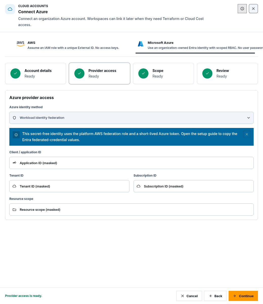 Synthetic Azure provider access form with application, tenant, subscription, and resource scope values visibly masked
