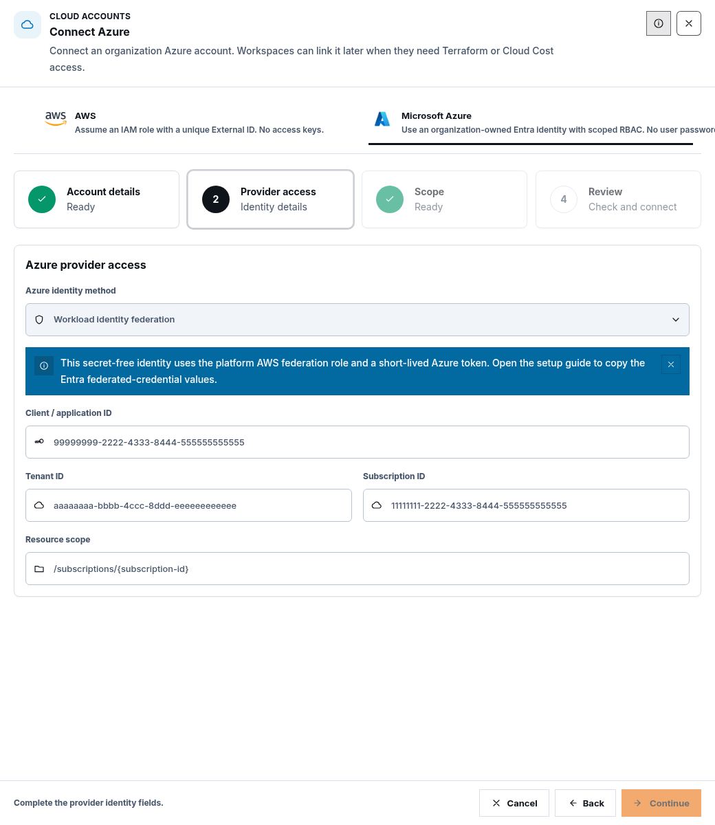 Synthetic Azure provider access step showing the workload identity federation method and secret-free product notice