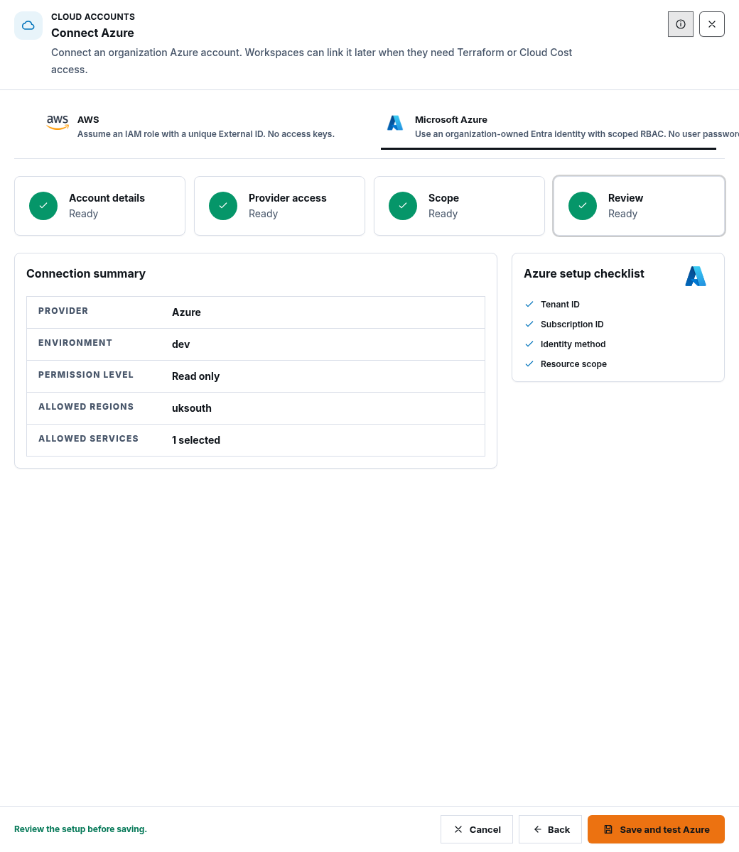 Synthetic Azure connection review showing a narrow region and service scope with read-only access