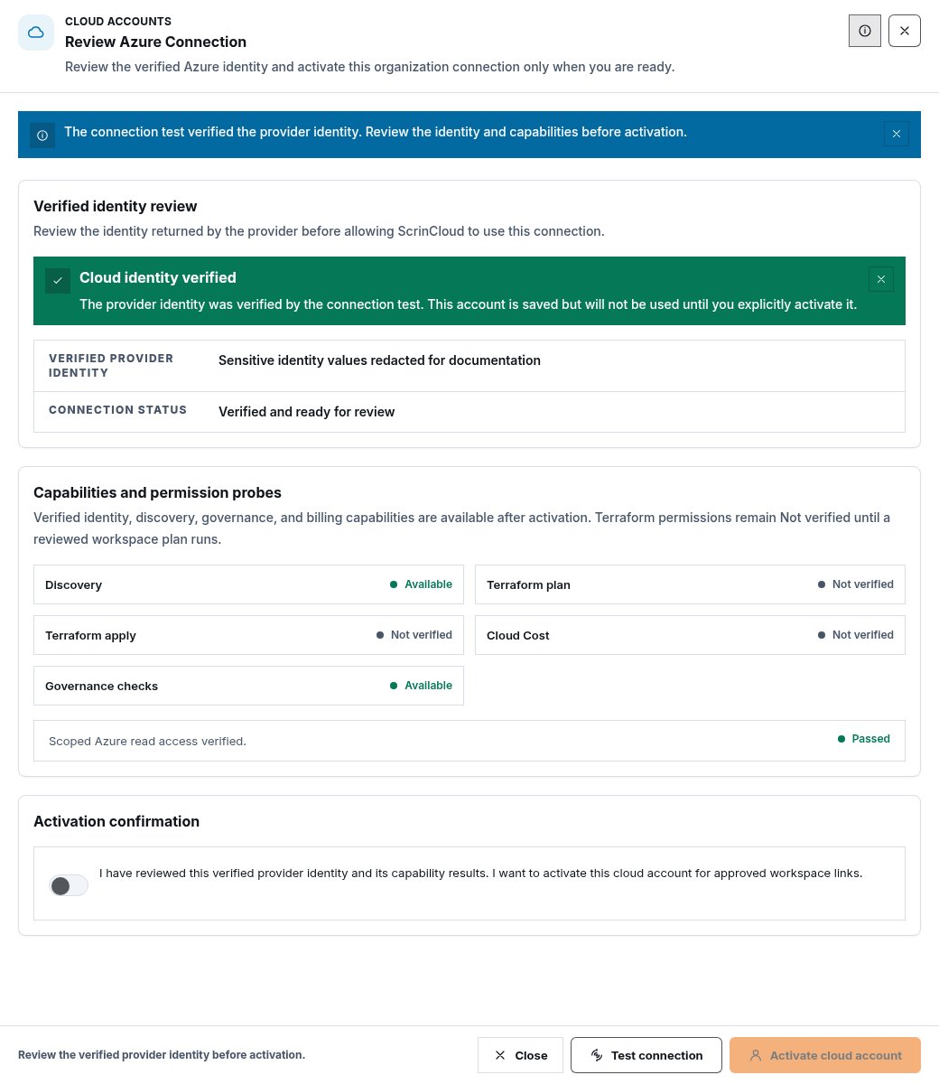 Synthetic verified Azure connection review with identity values redacted, safe capability probes, and activation acknowledgement