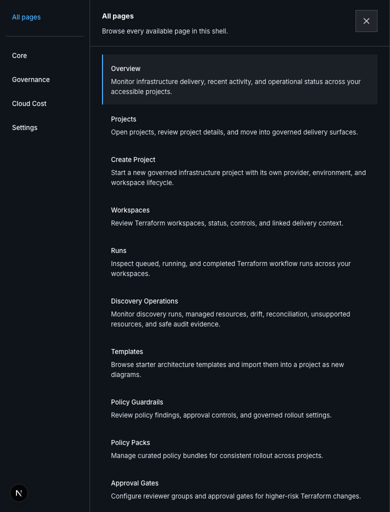 Workspace navigation drawer with navigation modes, public section groups, and recently visited product destinations.