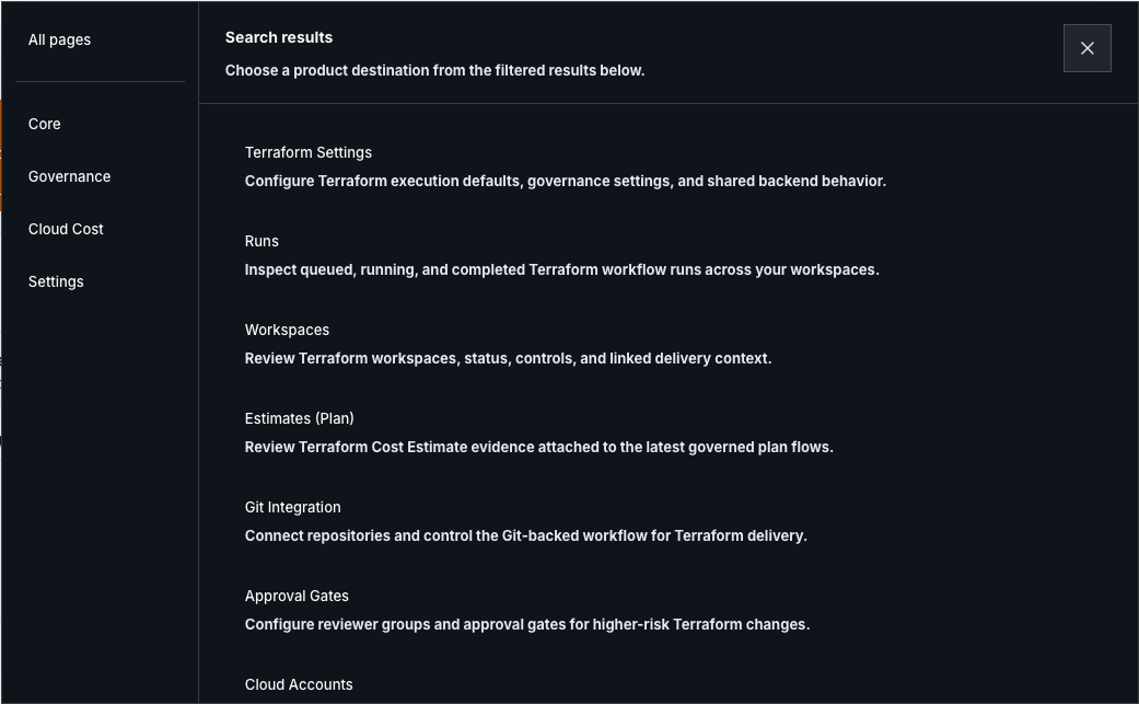 Search pages results for a generic projects query, listing public product destinations.
