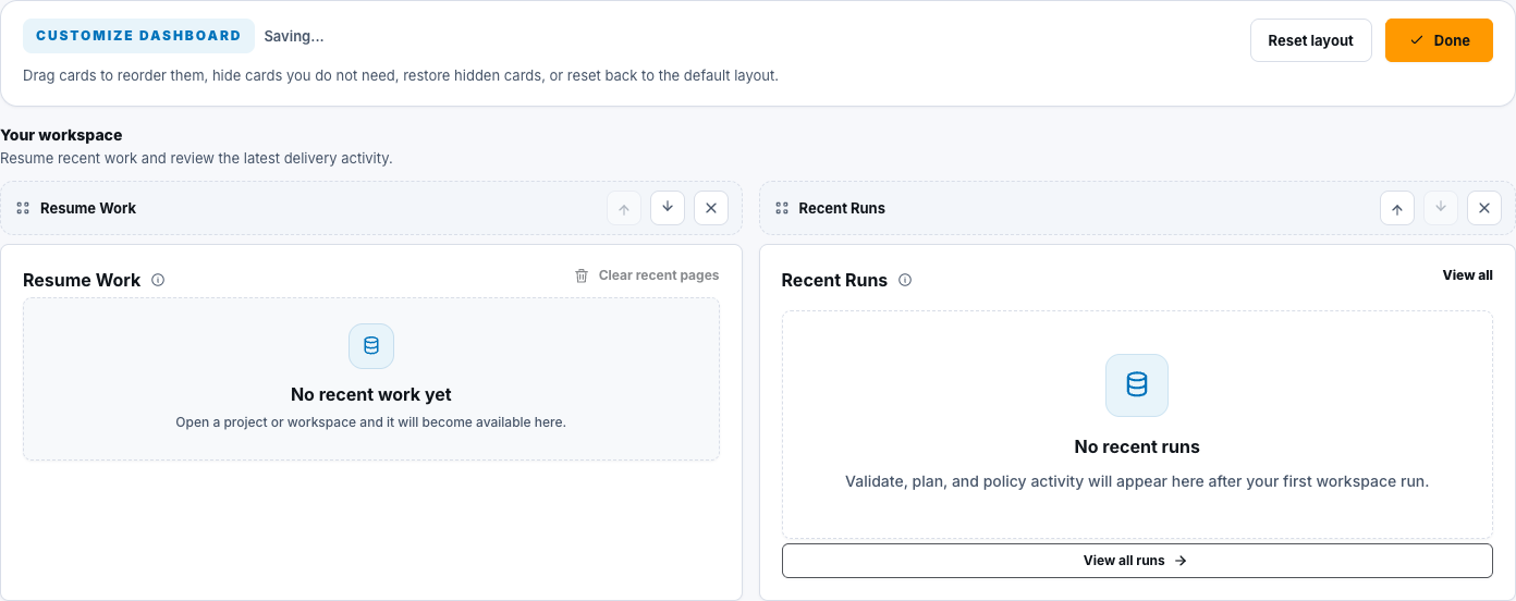 Overview customization mode with card move and hide controls, Reset layout, and Done actions.