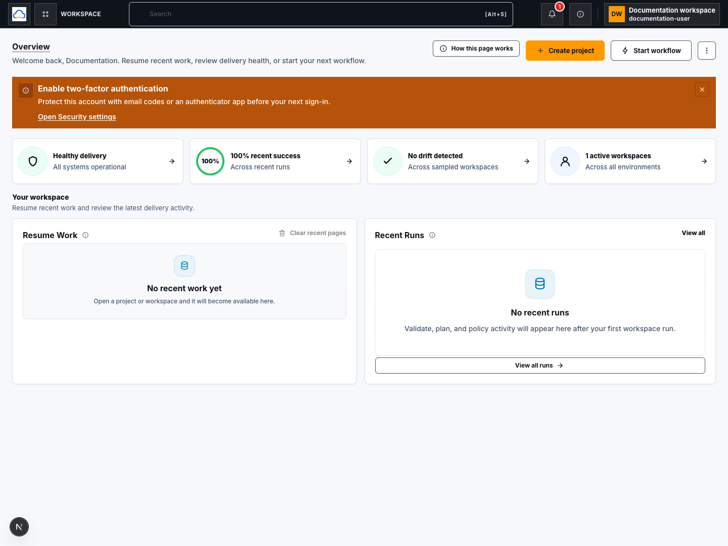 Infrastructure delivery cards and the Overview Resume Work and Recent Runs panels.