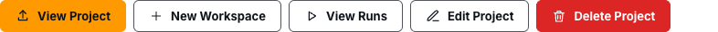 Project details action row with View Project, New Workspace, View Runs, Edit Project, and Delete Project controls.