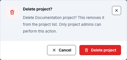 Delete project confirmation dialog for a synthetic test project with Cancel and Delete project buttons.