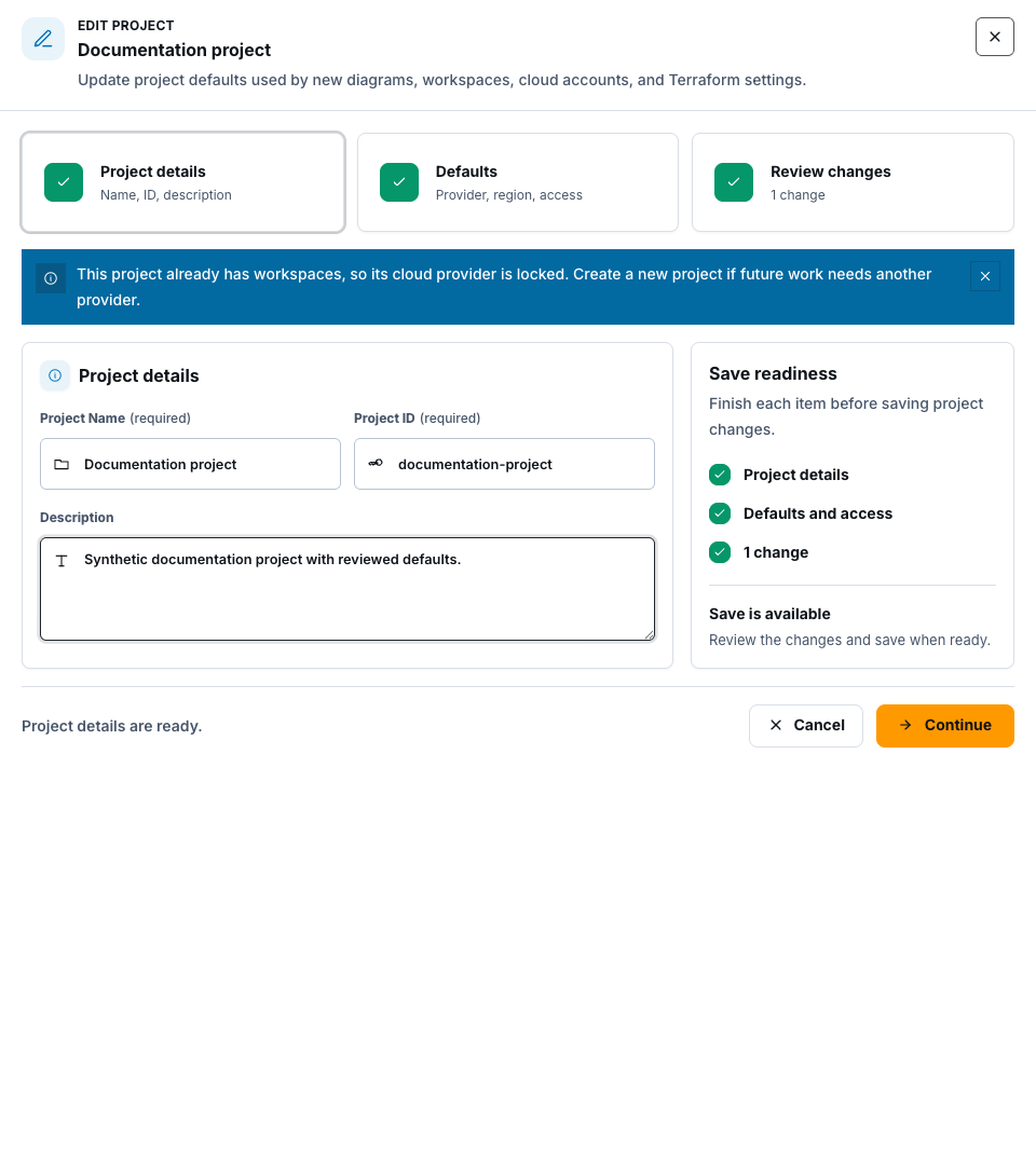 Project edit form with project details, defaults, review changes steps, and save readiness.