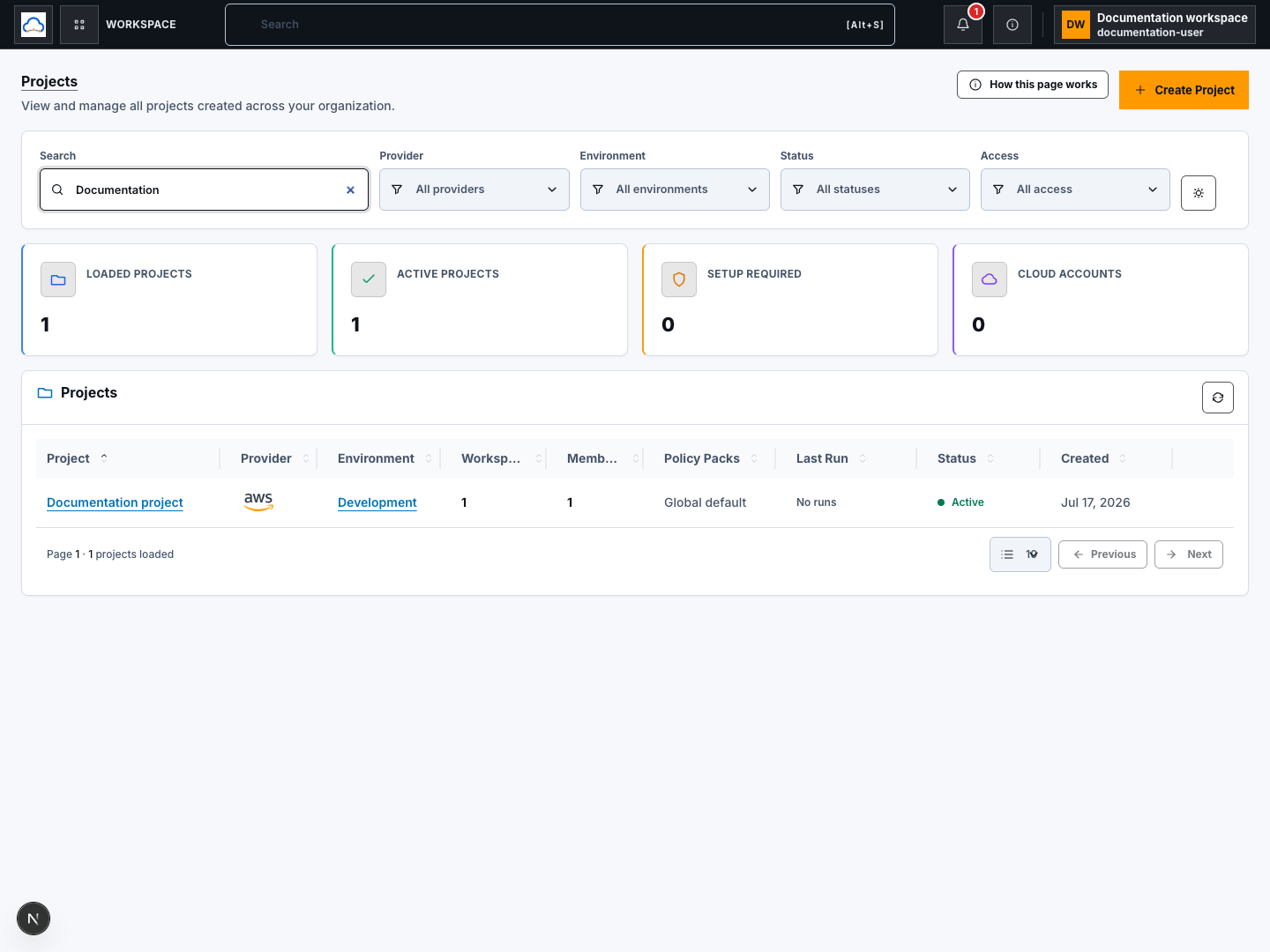 Filtered Projects page showing search, provider, environment, status, access controls, and one synthetic project row.