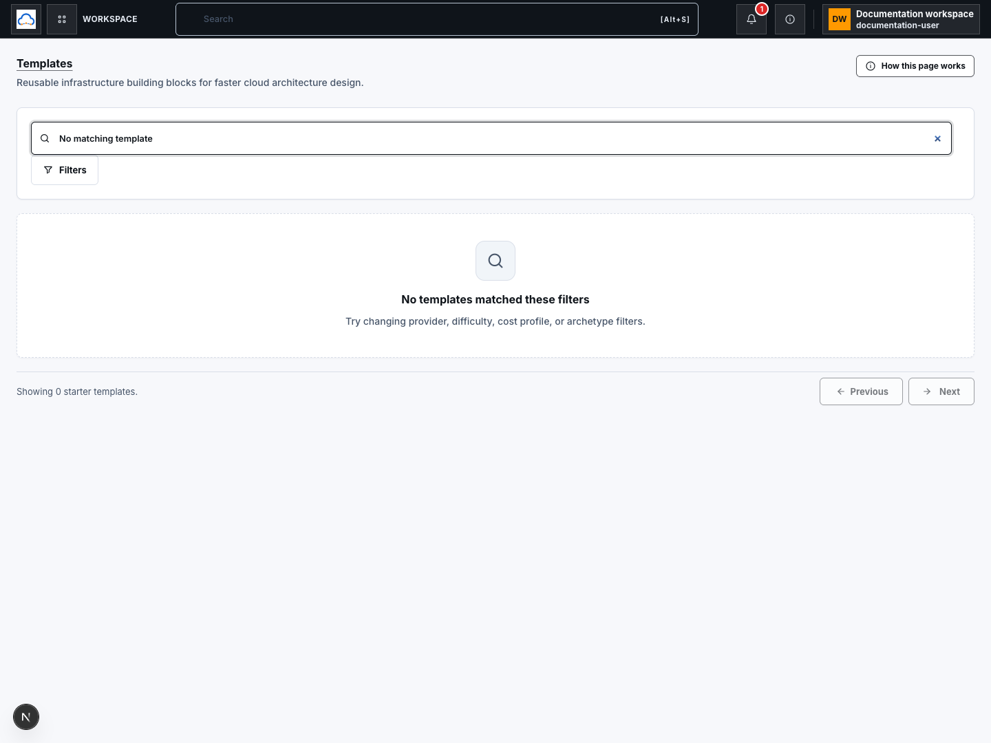Templates page with Search templates, Filters, and the current empty-library response.