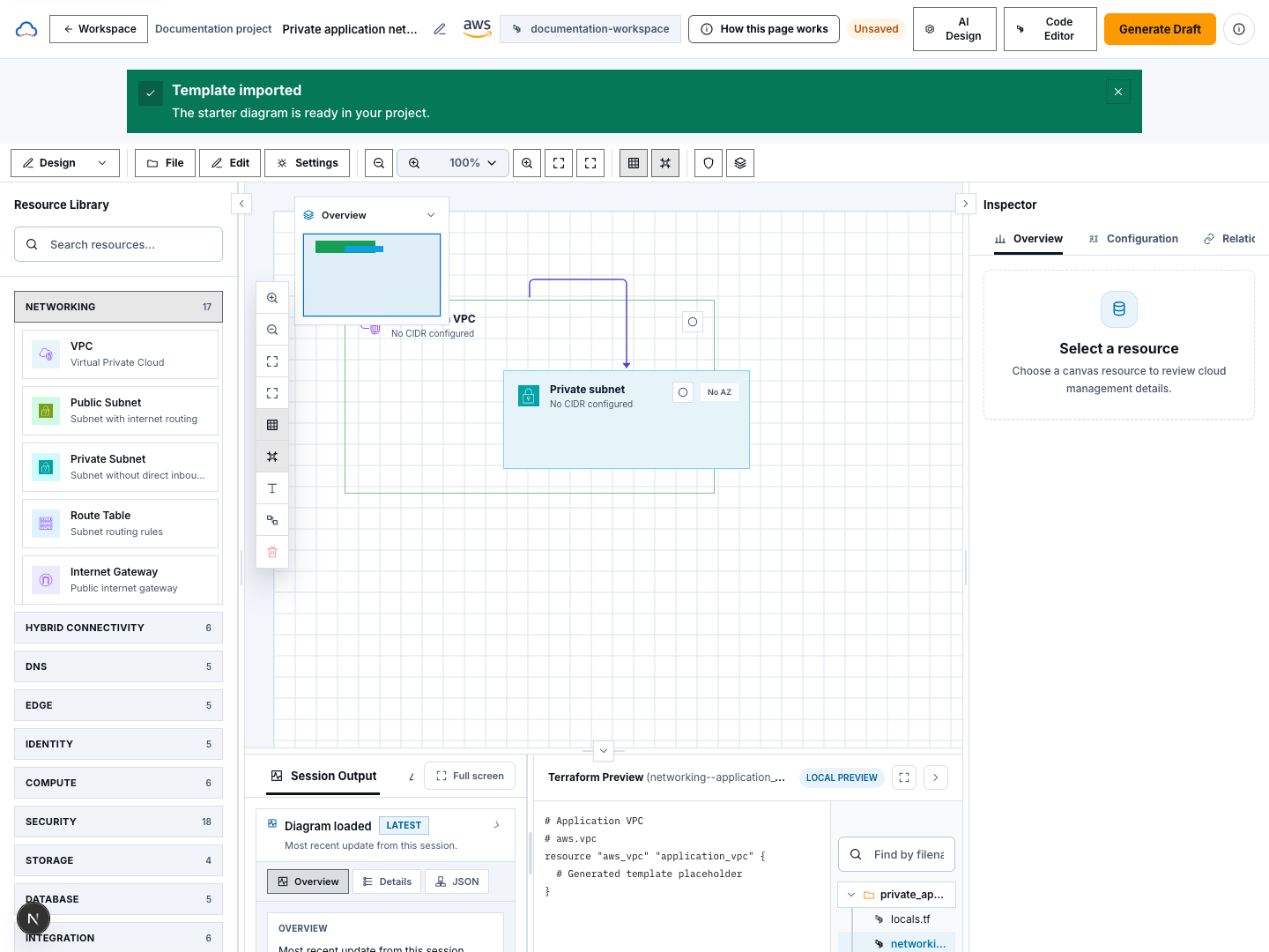 Synthetic imported Private application network diagram open in the Documentation project workspace with starter resources visible.