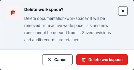 Delete workspace confirmation dialog for a synthetic workspace with Cancel and Delete workspace buttons.