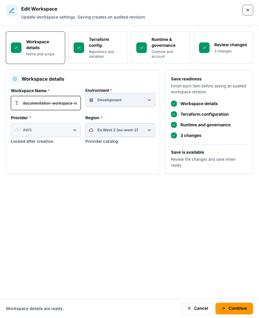 Workspace edit form showing the details, Terraform config, runtime and governance, and review steps.
