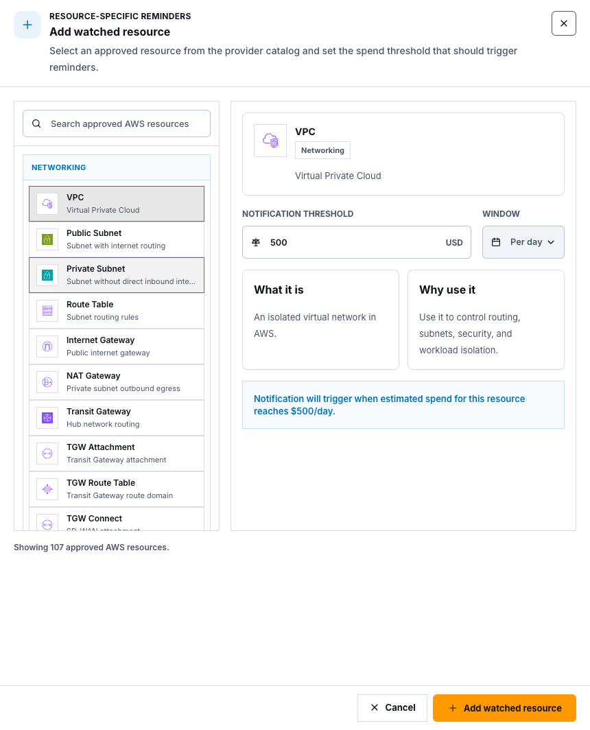 Add watched resource drawer with an approved AWS catalog, selected VPC category, threshold, and daily window